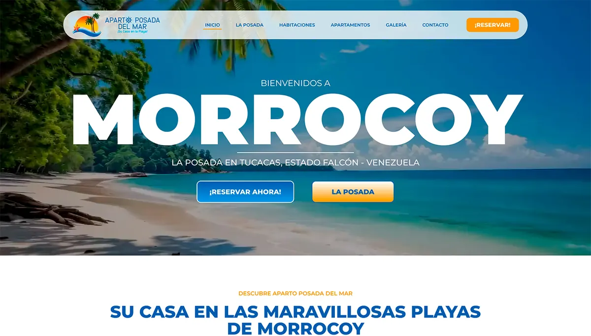 Primera pantalla del sitio de Aparto Posada del Mar con una playa de fondo, el título Morrocoy y los botones Reservar ahora y La posada
