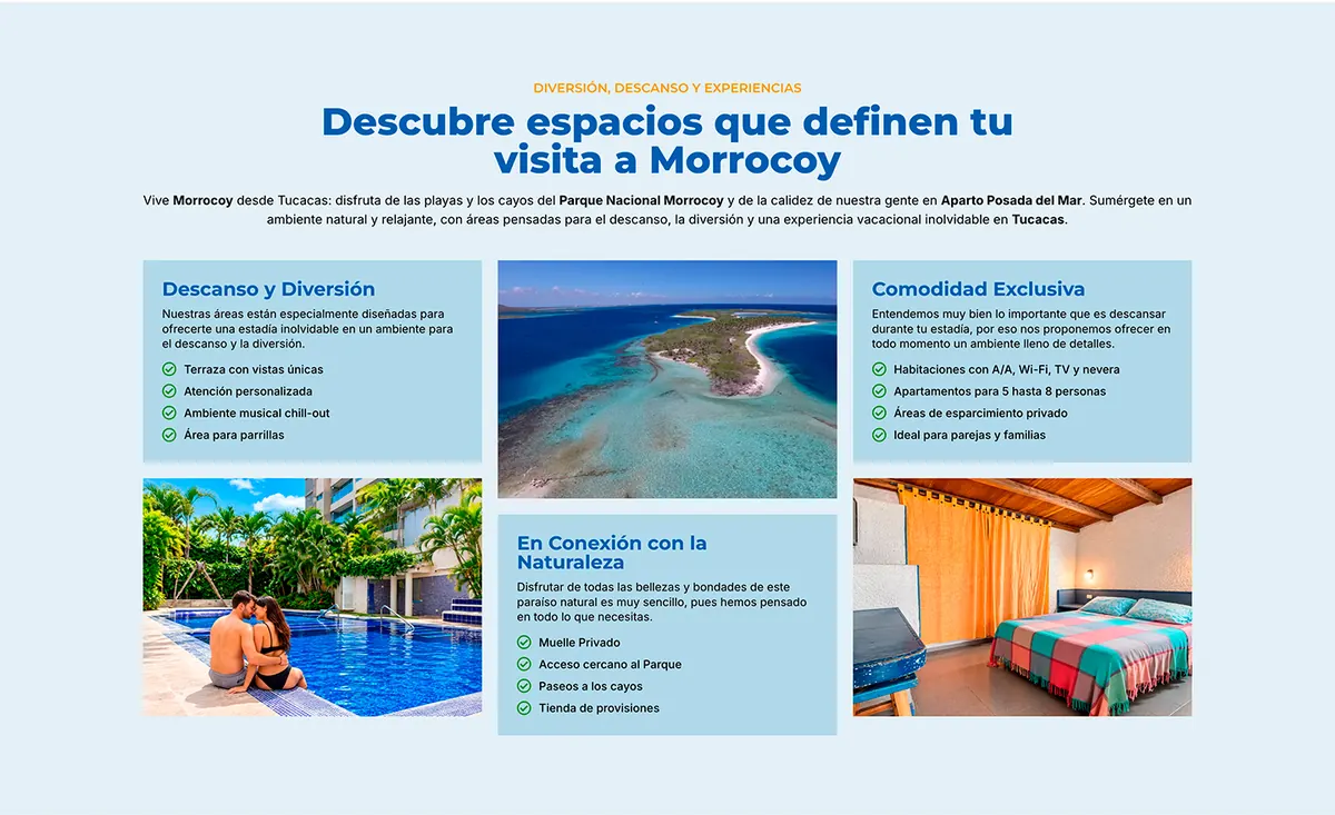 Sección del sitio con los espacios de la posada agrupados por tema, con fotos de la piscina, la playa y una habitación