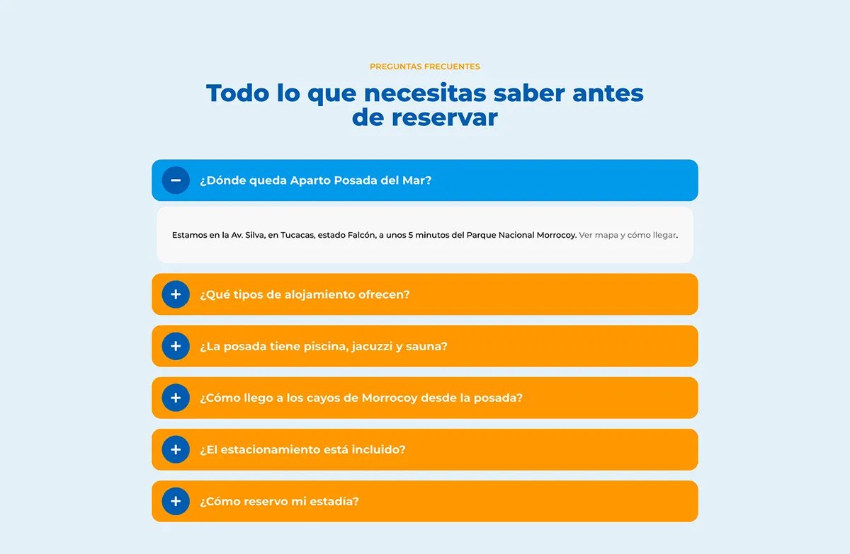 Sección de preguntas frecuentes del sitio con respuestas desplegables