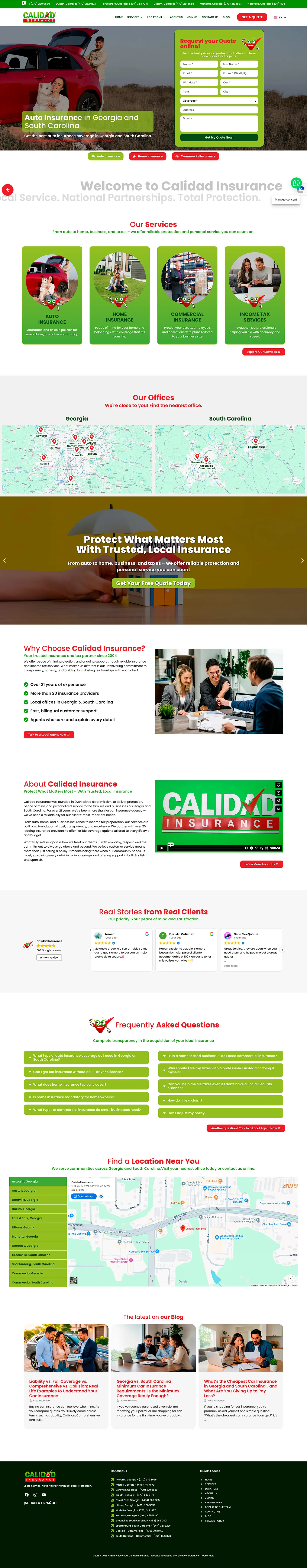Página de inicio del sitio de Calidad Insurance en computador