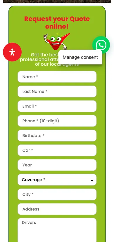 Formulario de cotización del sitio de Calidad Insurance en celular