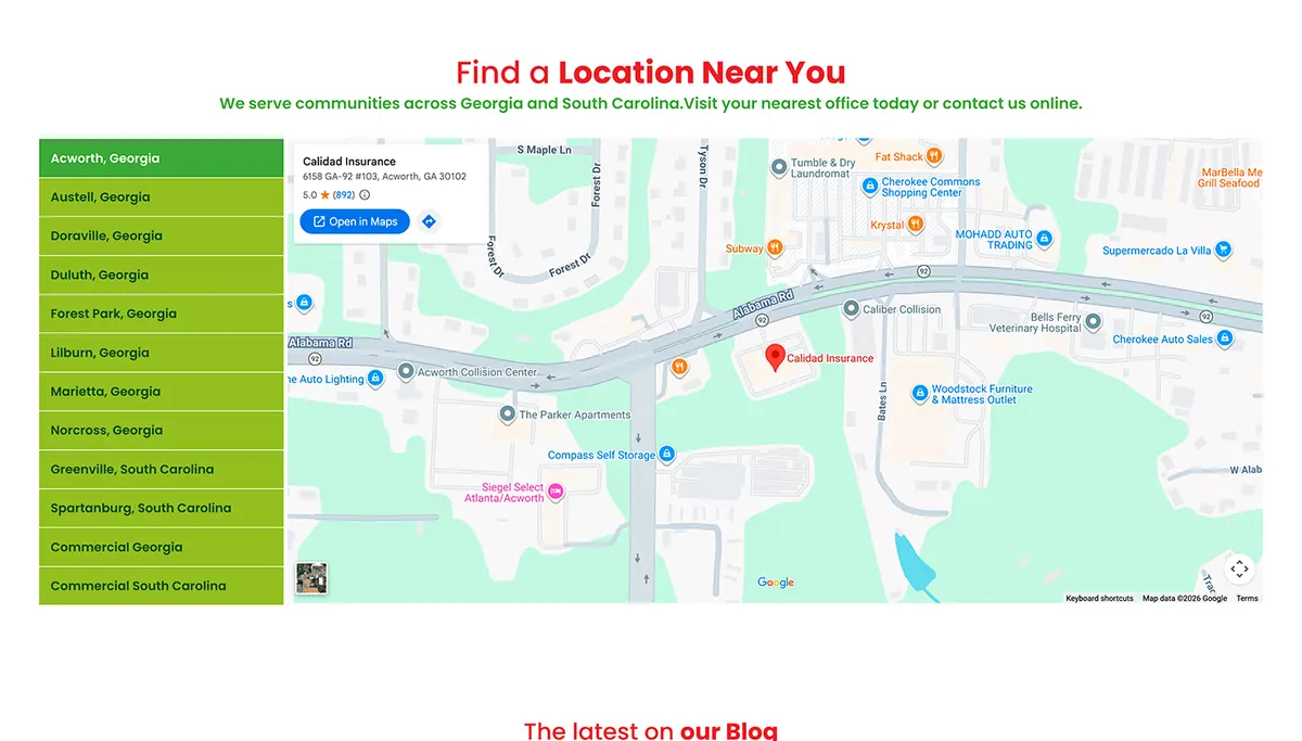 Sección Find a Location Near You con la lista de oficinas de Georgia y Carolina del Sur y un mapa