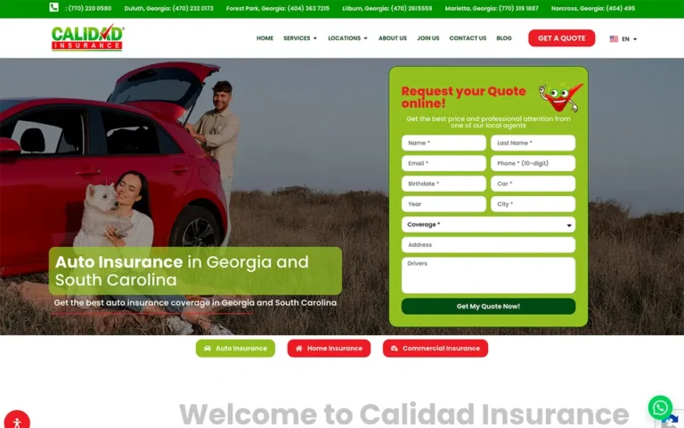 Página web de Calidad Insurance, una agencia de seguros en Georgia y Carolina del Sur