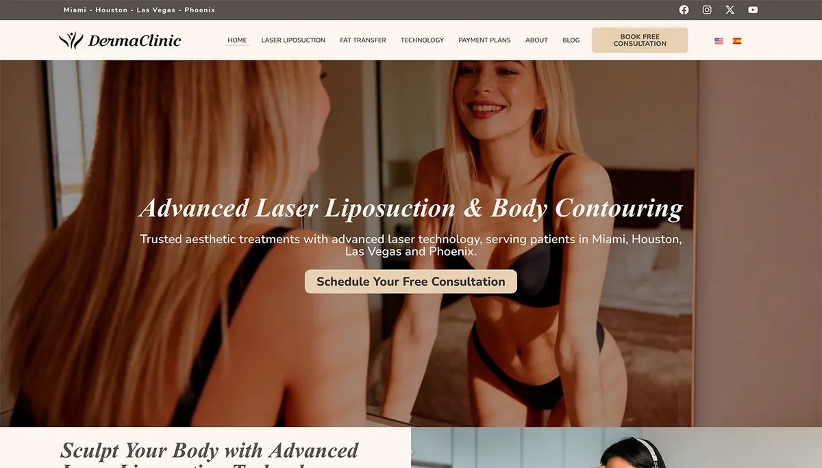 Primera pantalla del sitio de DermaClinic Center con el título sobre liposucción láser y el botón Schedule Your Free Consultation
