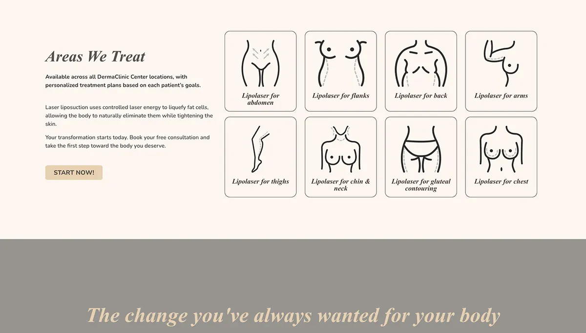 Sección Areas We Treat con ocho íconos de las zonas del cuerpo que se tratan