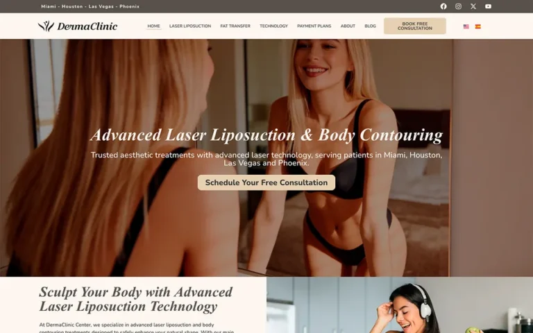 Página web de DermaClinic Center, una clínica de estética con sedes en Estados Unidos