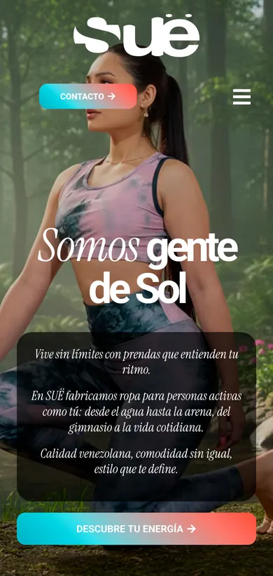 Inicio del sitio de Suë Activewear en celular