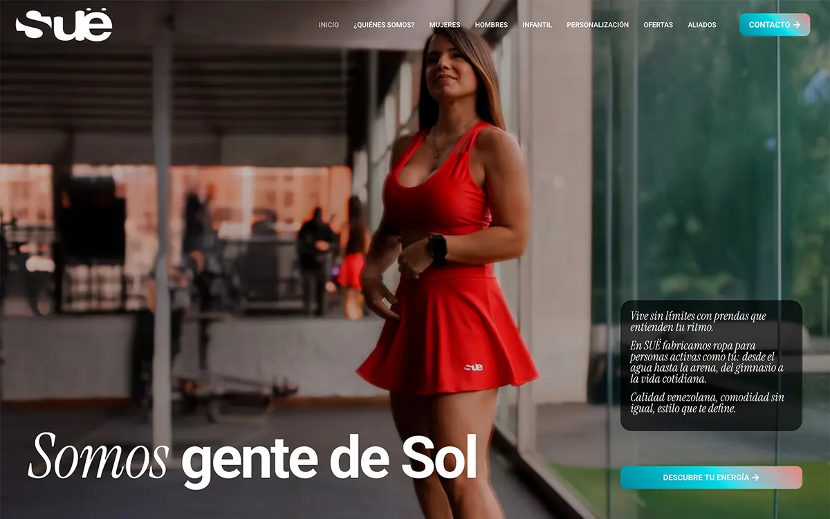 Primera pantalla del sitio de Suë con una mujer con ropa deportiva roja y el título Somos gente de Sol