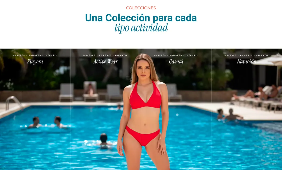 Sección de colecciones del sitio de Suë con cuatro categorías: playera, active wear, casual y natación