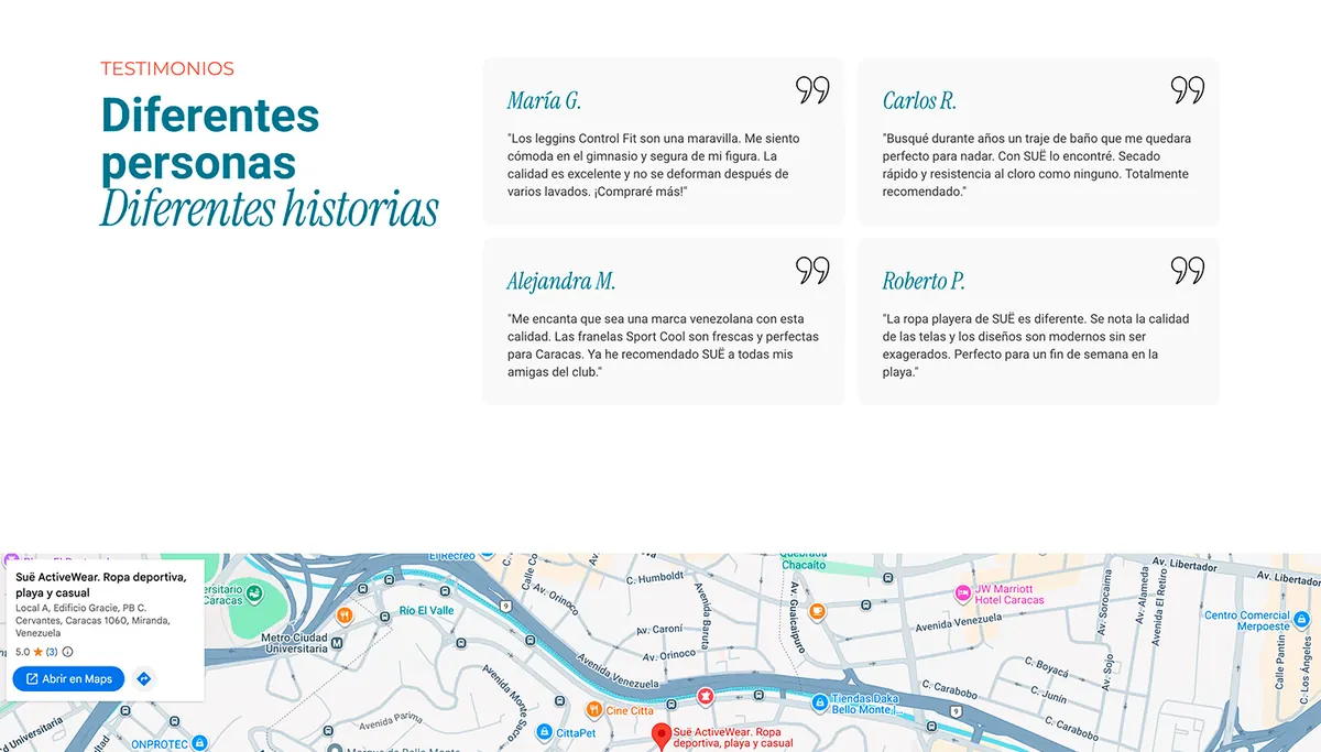 Sección de testimonios del sitio de Suë con cuatro opiniones de clientes y el mapa del local en Caracas